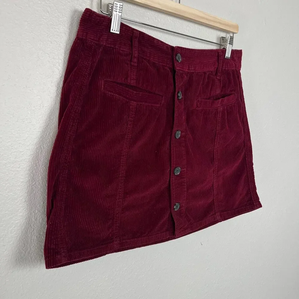 American Eagle Outfitters Sz 12 Burgundy Hi-Rise A-Line Skirt Corduroy Button Up - Picture 2 of 9